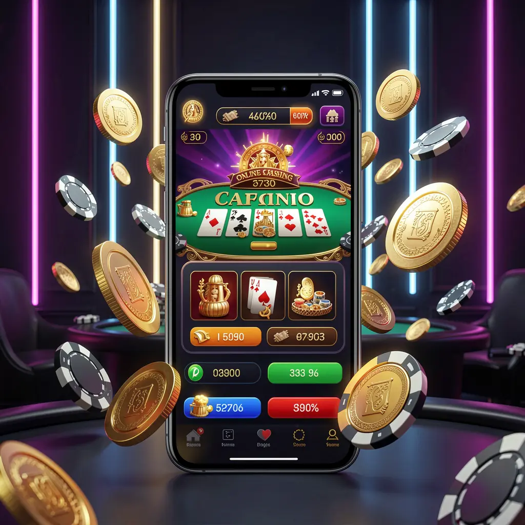 X880 online casino mobile app hero banner showing a modern smartphone with a glowing casino interface, golden coins and poker chips flying around against a dark luxury background with neon accents
