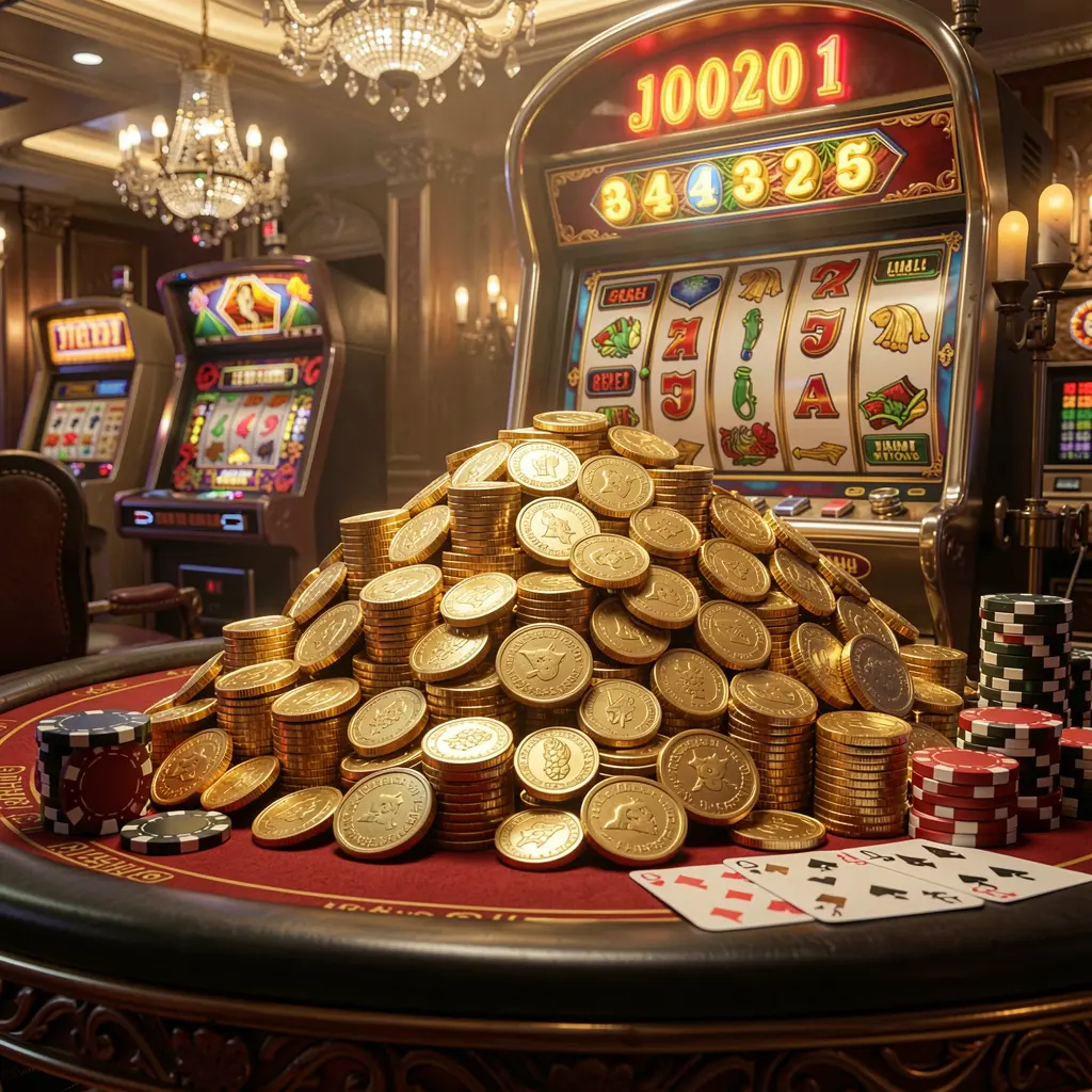 X880 online casino bonus scene featuring a massive pile of golden coins, a slot machine with glowing jackpot lights, poker chips and playing cards on a luxury table with dramatic cinematic lighting