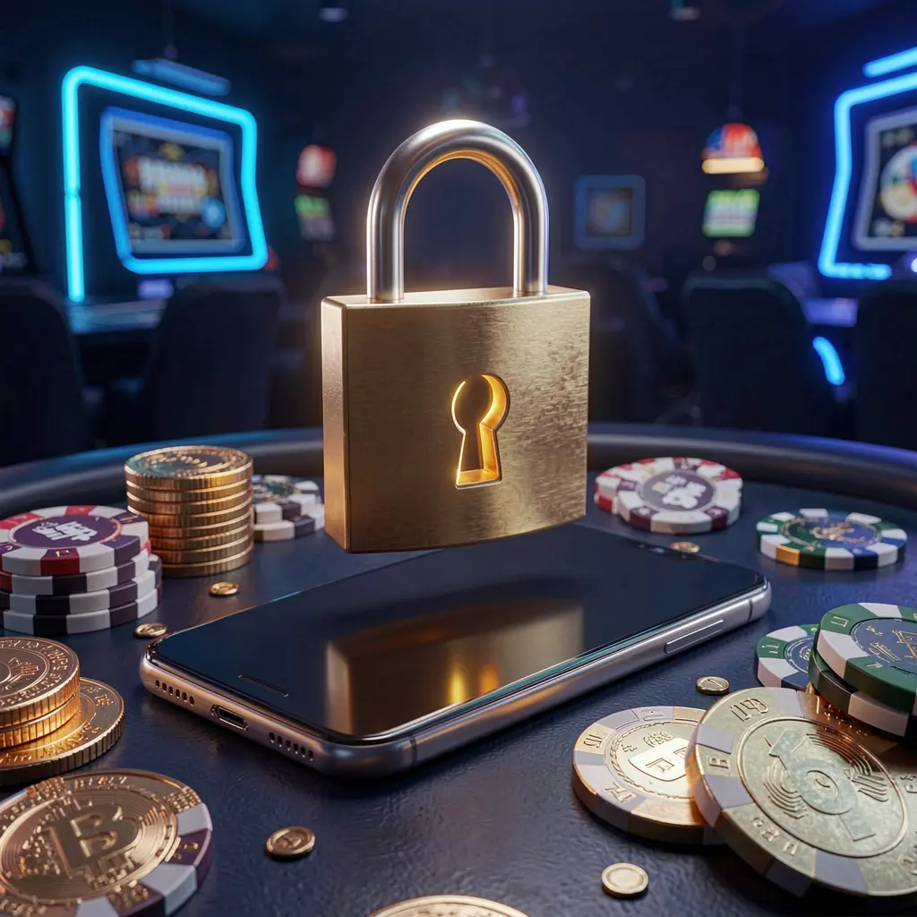 X880 casino login security image featuring a glowing padlock floating above a smartphone with golden coins and chips scattered around on a dark blue neon background