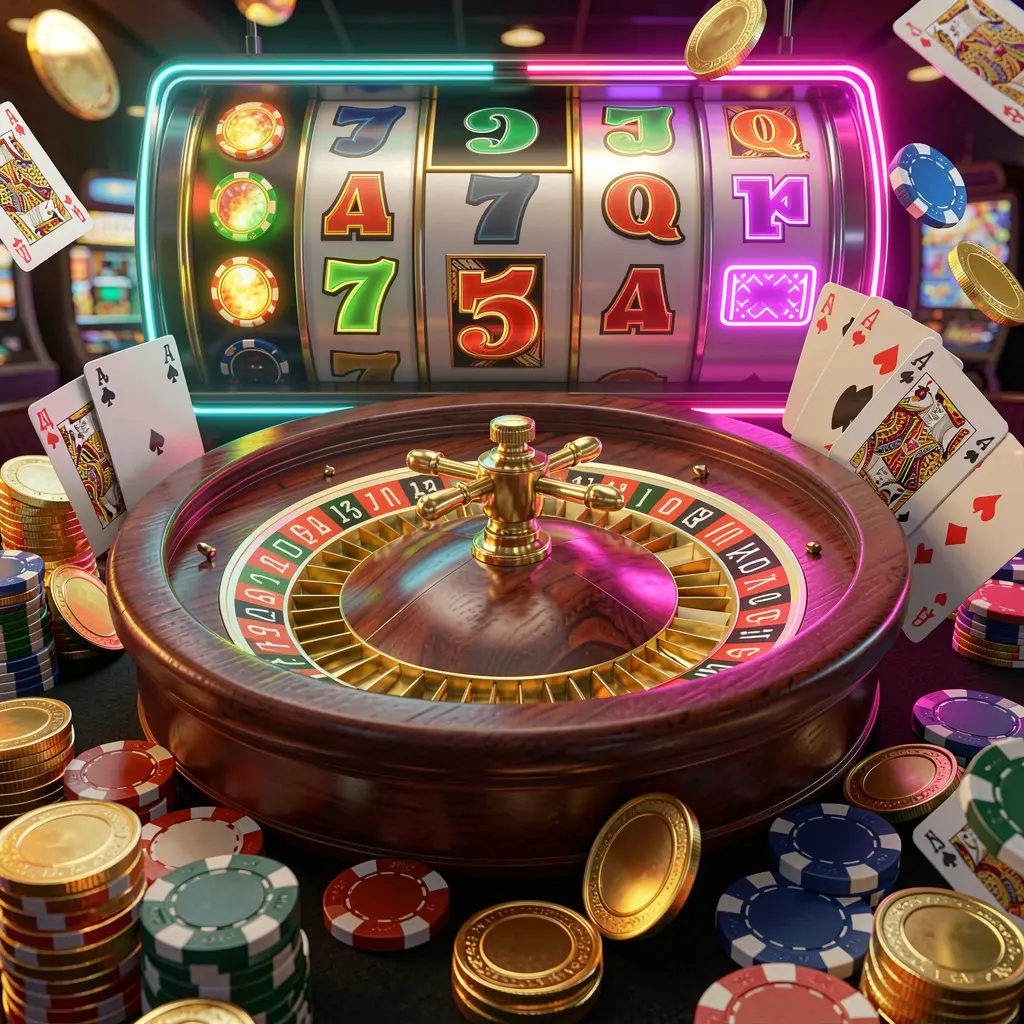 X880 casino homepage visual featuring a dynamic composition of jackpot lights, a roulette wheel, poker chips, playing cards, and golden coins with bright neon glow in a realistic 3D render